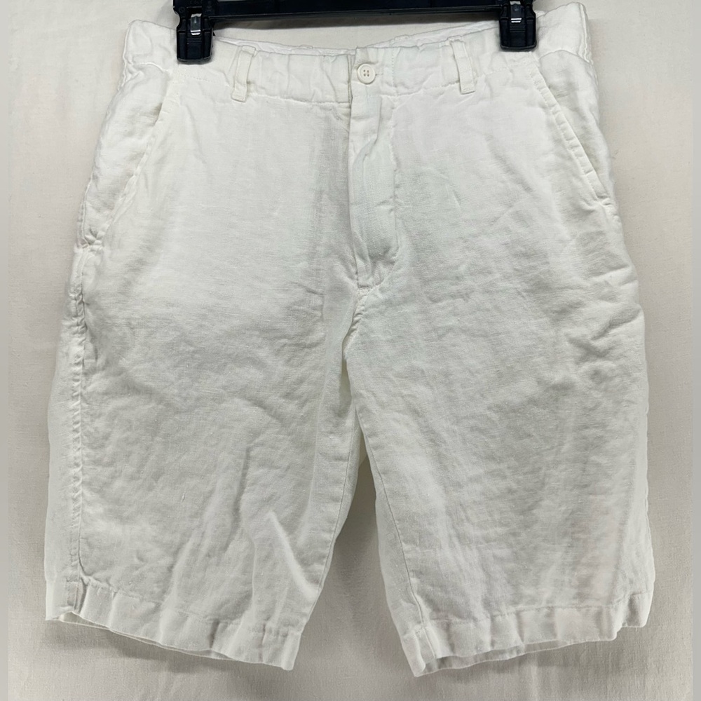 Linen‎ Toscano Aqua Casual Shorts White Flat Front 10" Inseam Size 30